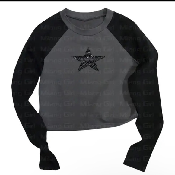 Rhinestone Star Grey Balck Y2k Small Top Long Sleeve - Picture 2 of 4